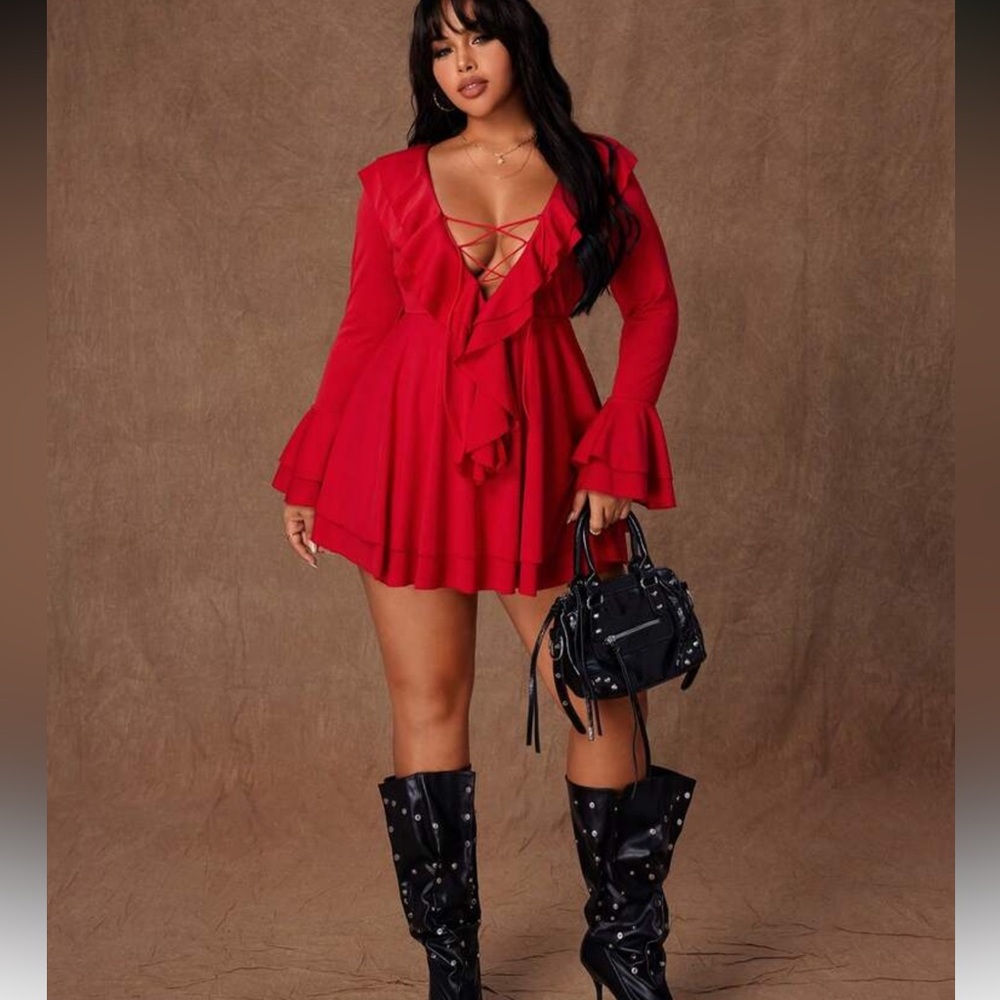 SHEIN Vibrant Red Ruffled Long Sleeve Dress